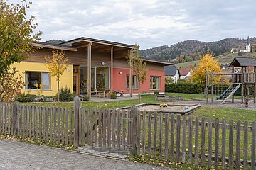 Kindergarten von außen mit Spielplatz
